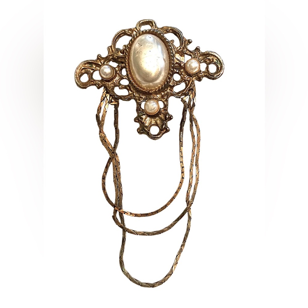 Vintage Pearl Chain Dangle Brooch Gold